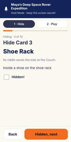Host Mode screen: Hide Card 3 at the Shoe Rack, with a Hidden checkbox