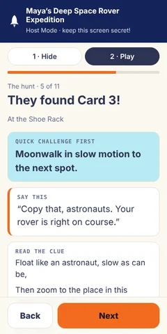 Host Mode screen: They found Card 3, with a quick challenge, a line to say in character, and the clue to read