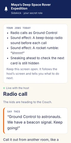 Sidekick screen: a line to say in character, following the host live