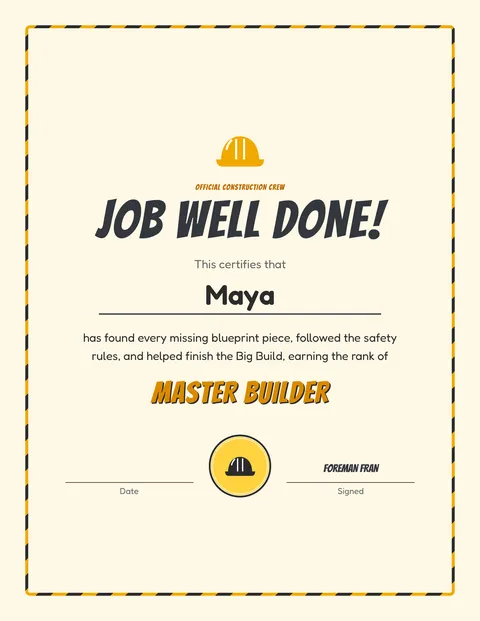 Construction Crew Big Build printable cert page