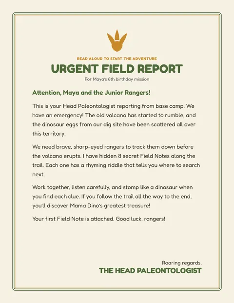 Dino Fossil Recovery Mission printable briefing page