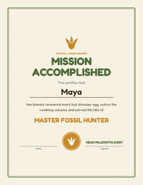 Dino Fossil Recovery Mission printable cert page