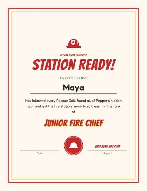 Fire Station Rescue Run printable cert page