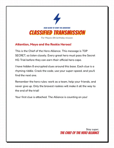 Superhero Secret HQ Trial printable briefing page
