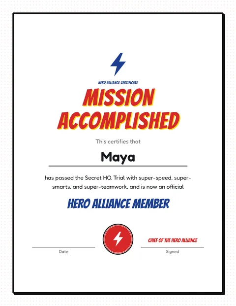 Superhero Secret HQ Trial printable cert page