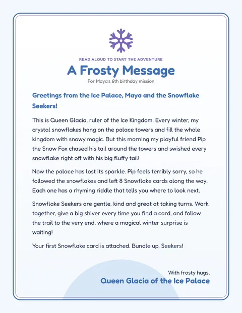 Ice Palace Snowflake Quest printable briefing page