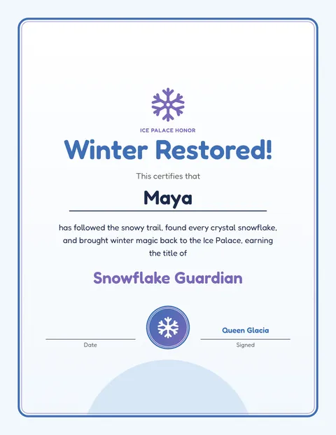 Ice Palace Snowflake Quest printable cert page