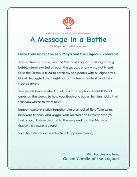 Mermaid Lagoon Treasure printable briefing page
