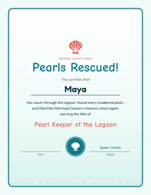 Mermaid Lagoon Treasure printable cert page