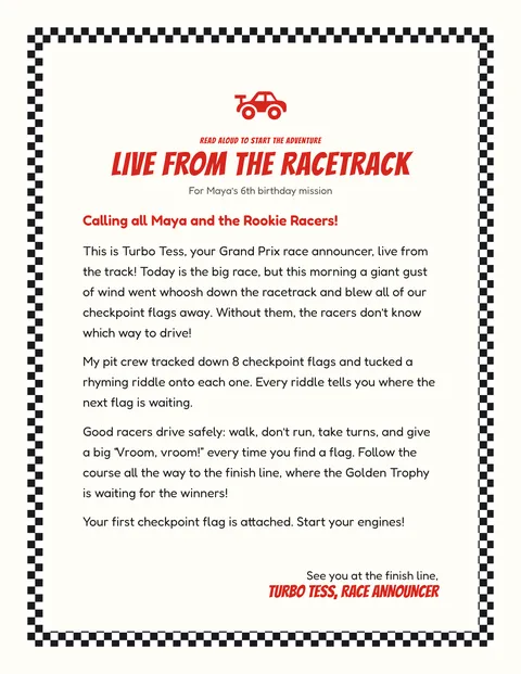 Race Car Grand Prix Chase printable briefing page