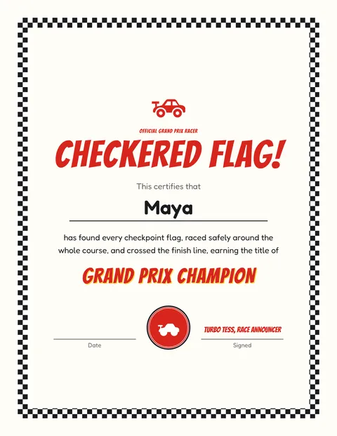 Race Car Grand Prix Chase printable cert page
