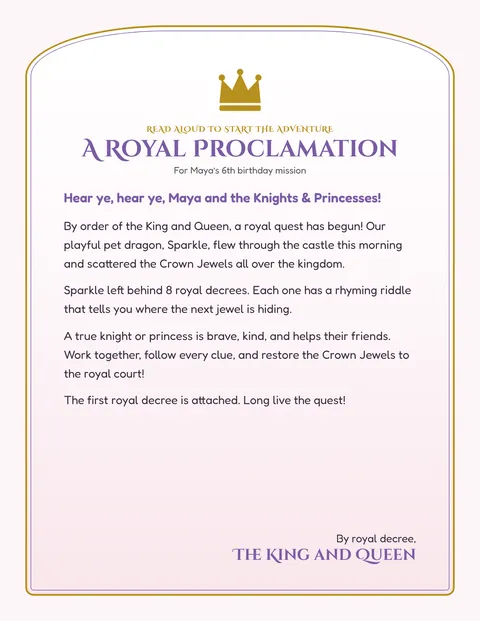 Royal Castle Garden Quest printable briefing page