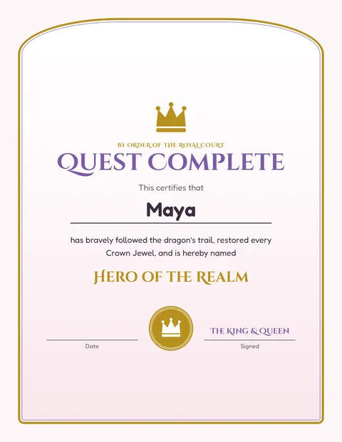 Royal Castle Garden Quest printable cert page