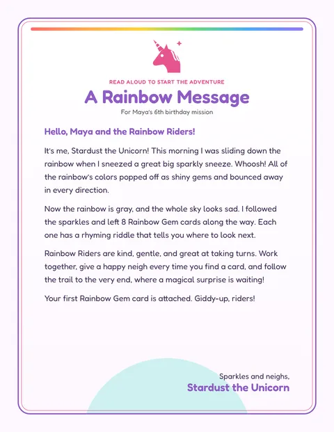 Unicorn Rainbow Quest printable briefing page