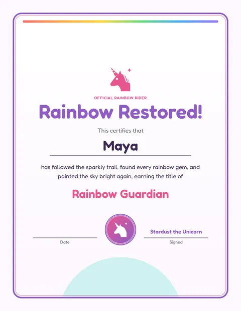 Unicorn Rainbow Quest printable cert page