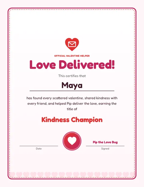 Valentine Friendship Delivery printable cert page