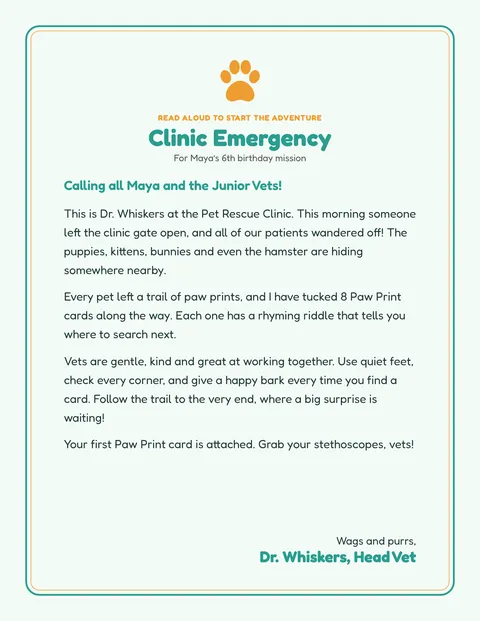 Pet Rescue Vet Quest printable briefing page