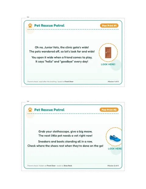 Pet Rescue Vet Quest printable cards page