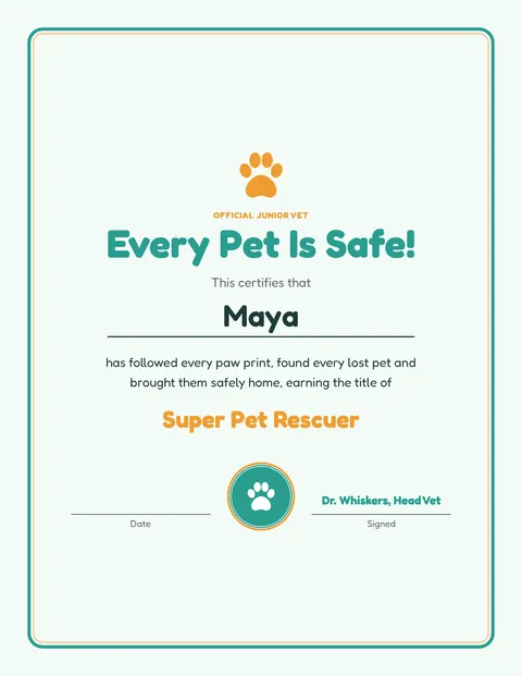 Pet Rescue Vet Quest printable cert page